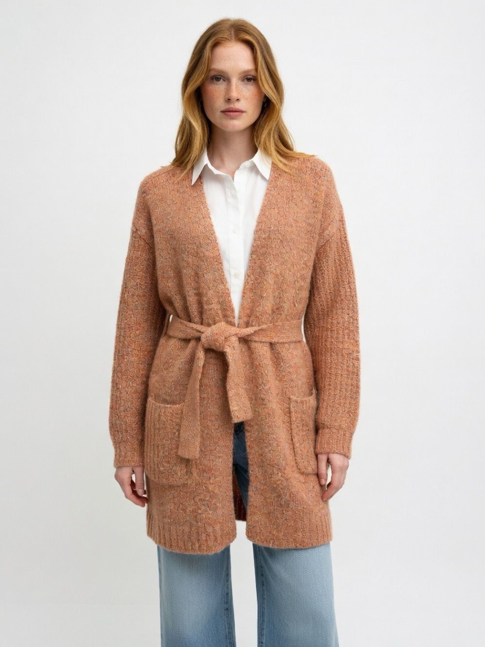 London Kaye Belted Open-Front Cardigan in Dusty Peach